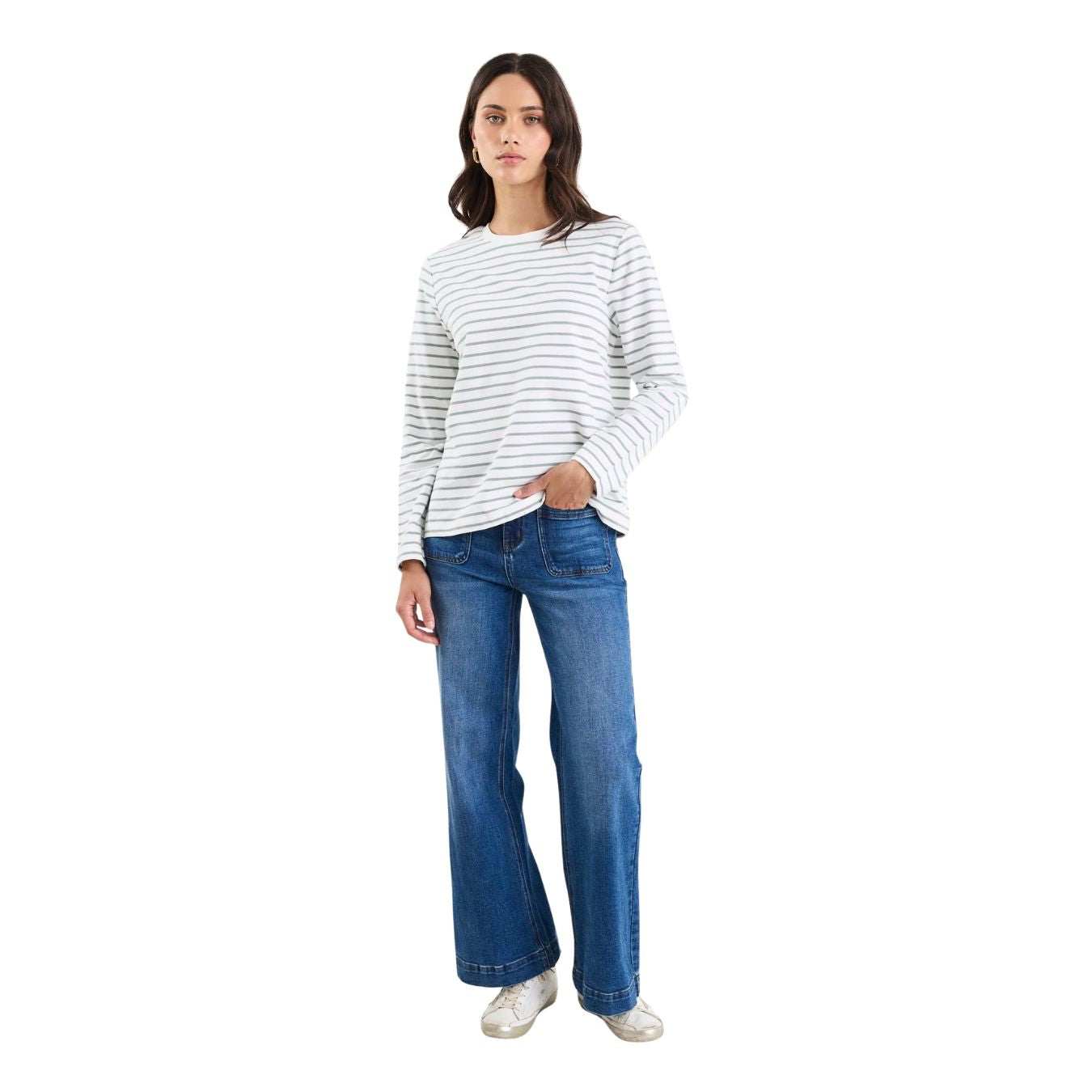 Tether Stripe Long Sleeve Boxy Tee - Khaki White