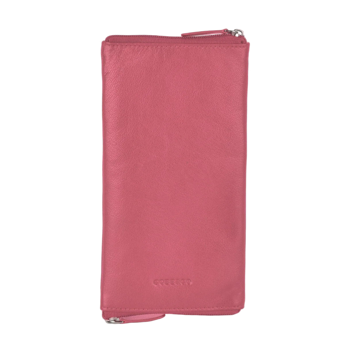 Pink wallet with a visible brand logo on a light gray background