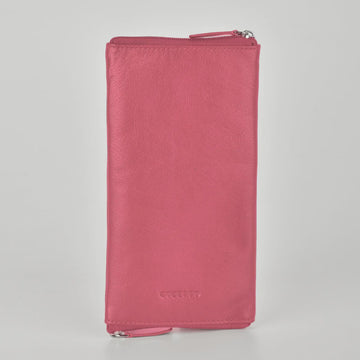 Pink wallet with a visible brand logo on a light gray background