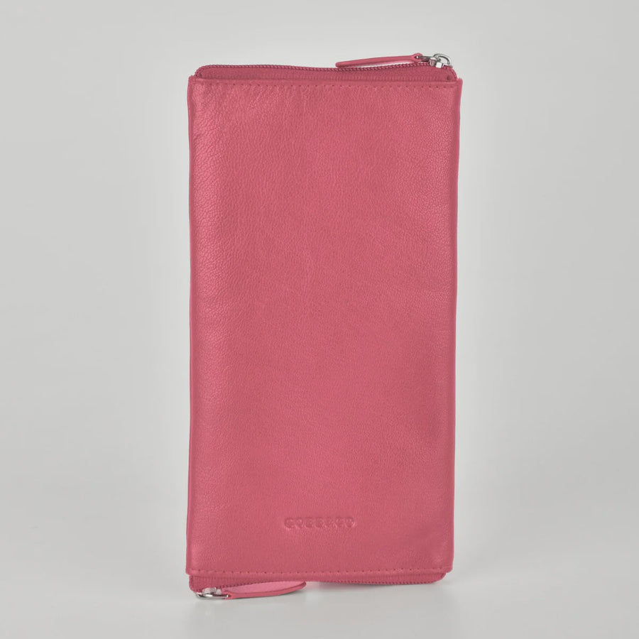 Pink wallet with a visible brand logo on a light gray background