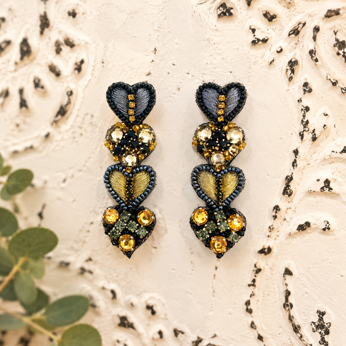 Handcrafted Earrings - Black + Gold | 4 Heart