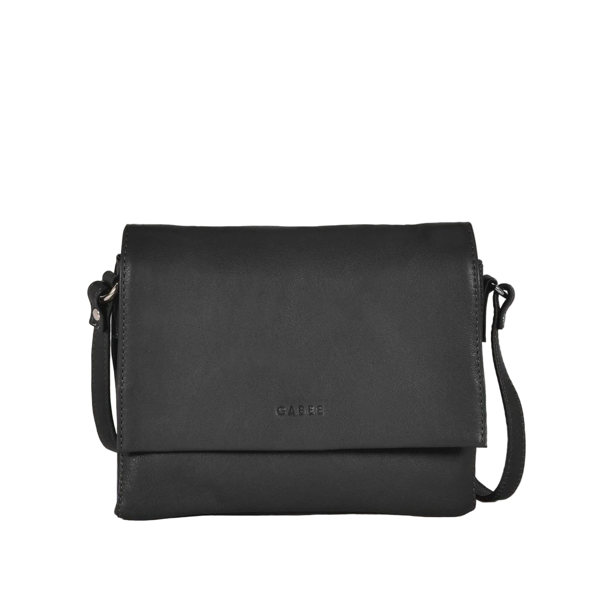 Black leather crossbody bag on a light gray background