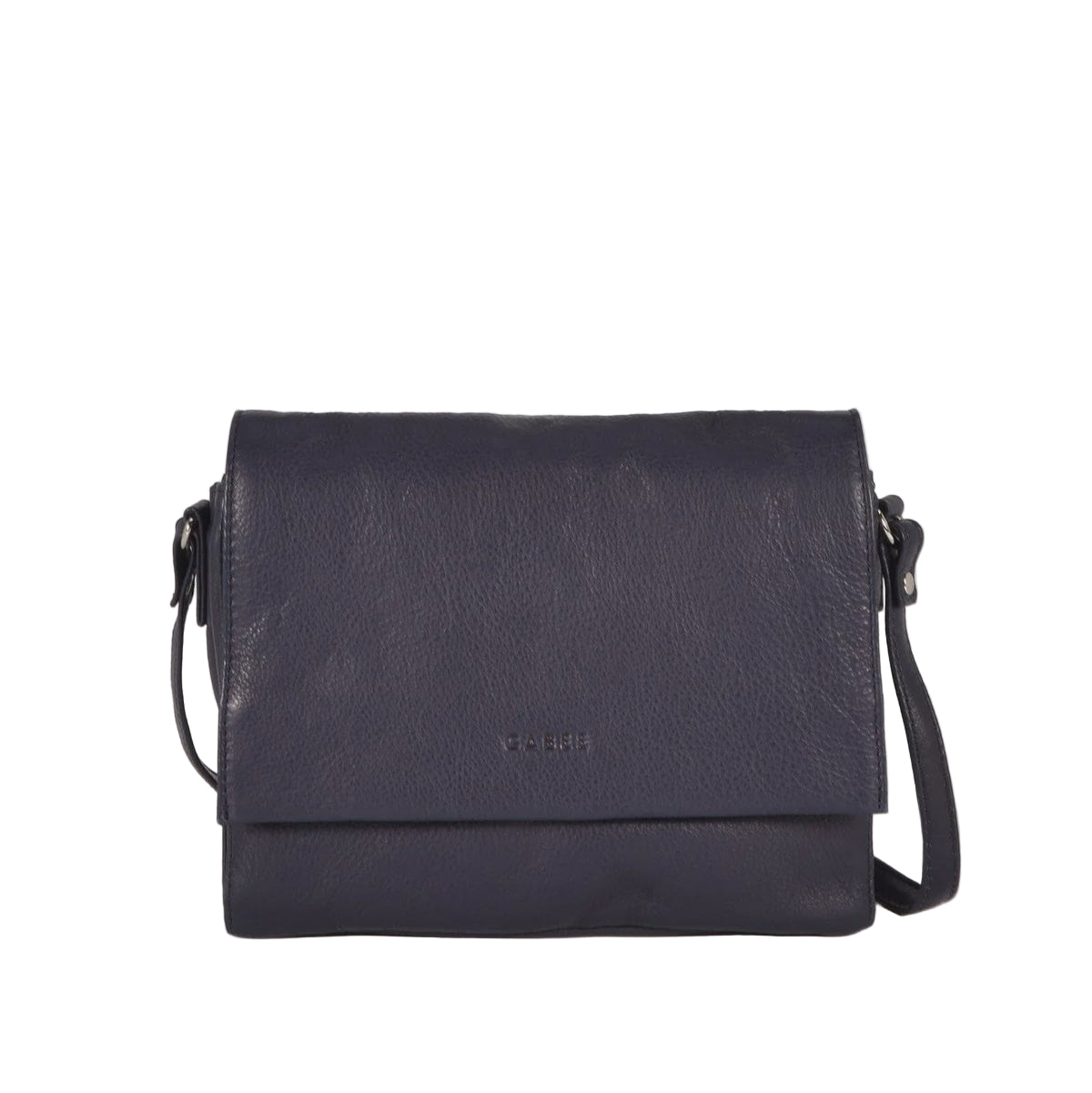 Black leather crossbody bag on a light gray background