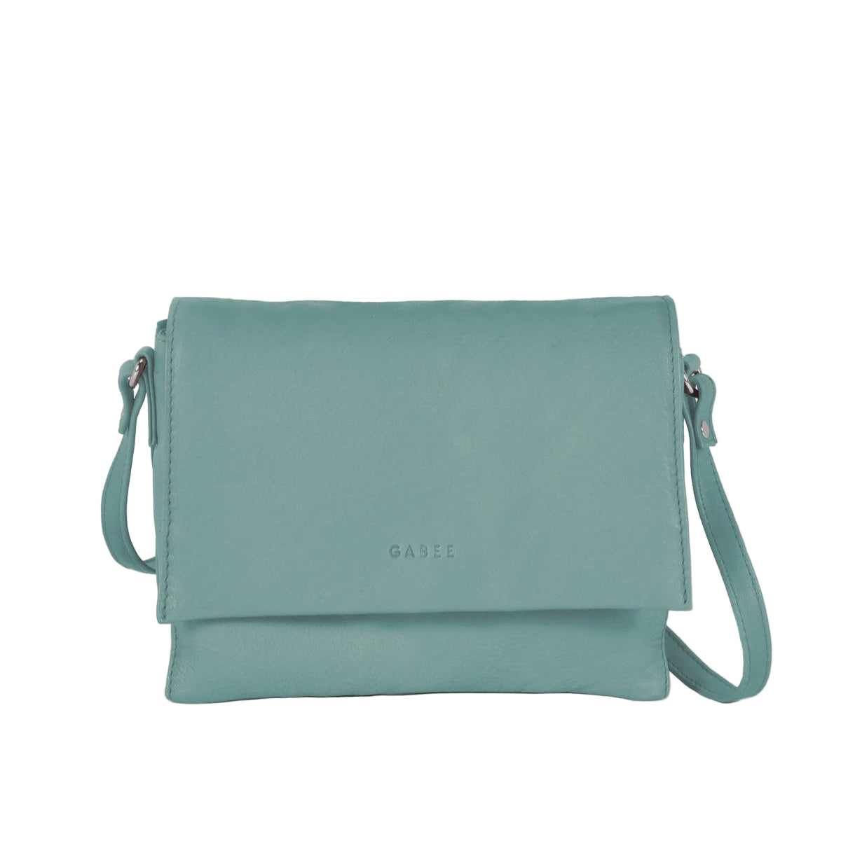 Teal crossbody bag on a light gray background