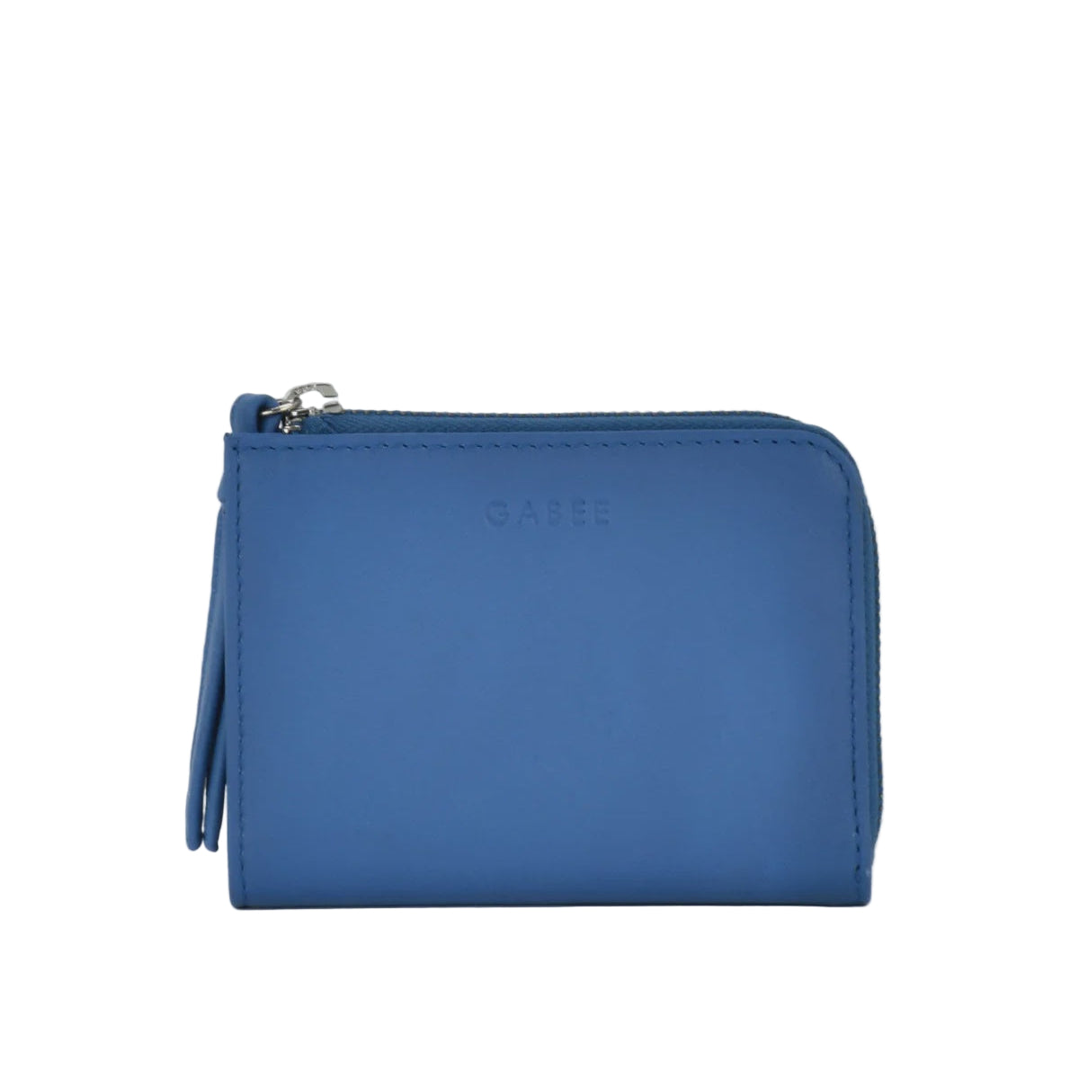 Blue wallet with a visible brand logo on a light gray background