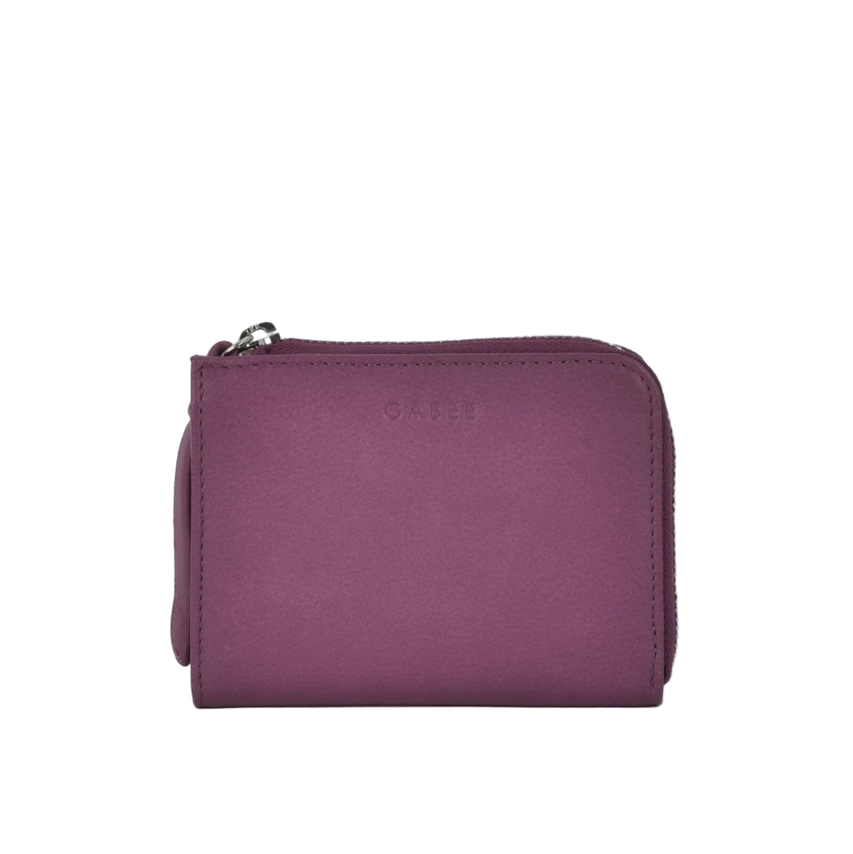 Purple wallet with a brand logo on a light gray background