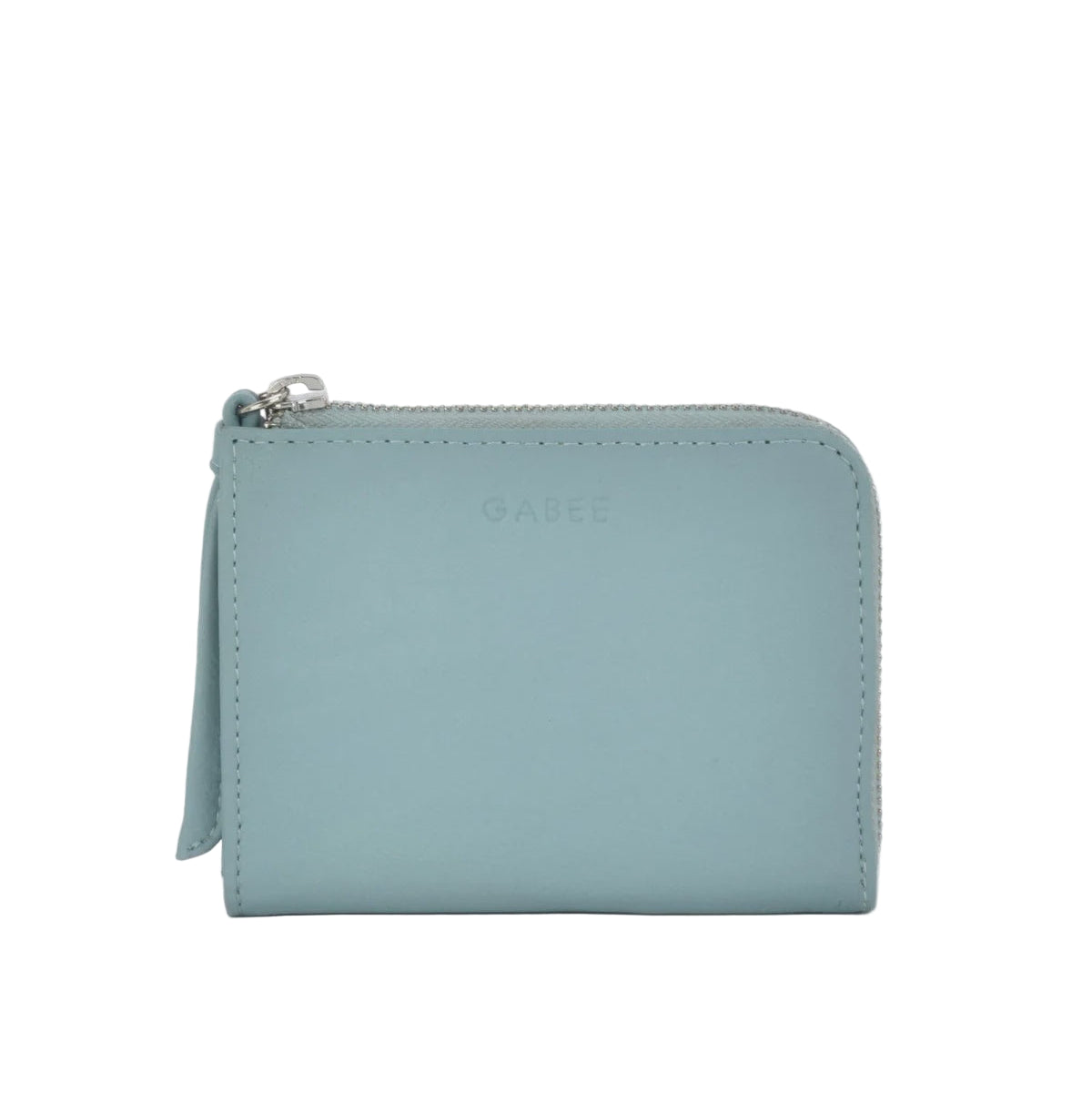 Light blue wallet with a zipper on a light gray background