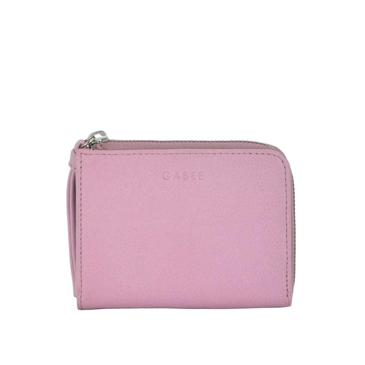 Pink wallet with 'GABEE' branding on a light gray background