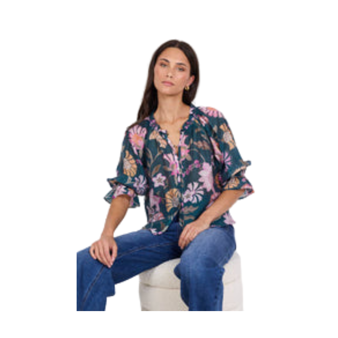 Encounter Scarf Print Top - Petrol