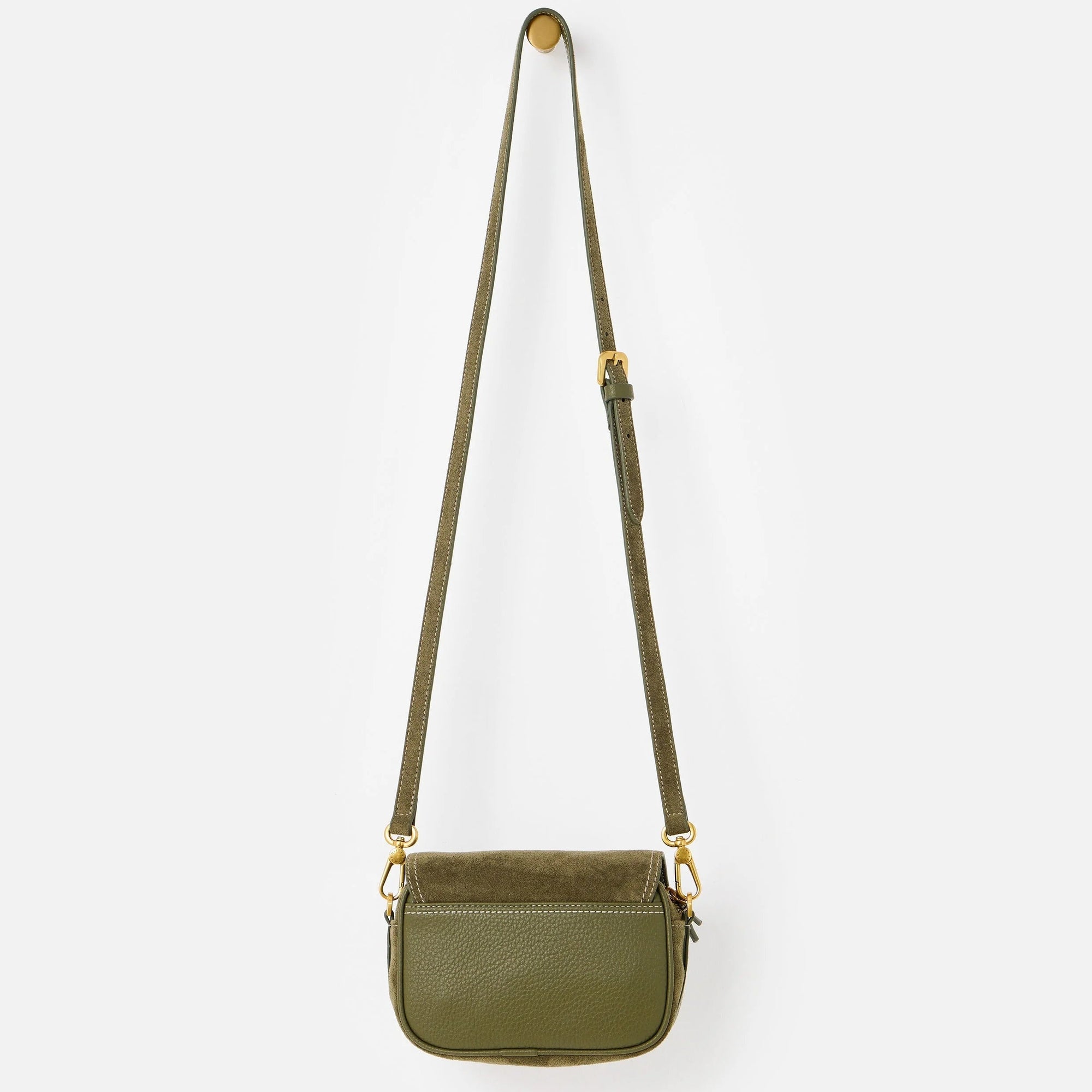An olive green crossbody bag with a matching adjustable shoulder strap and gold-tone hardware, shown against a plain light gray background.