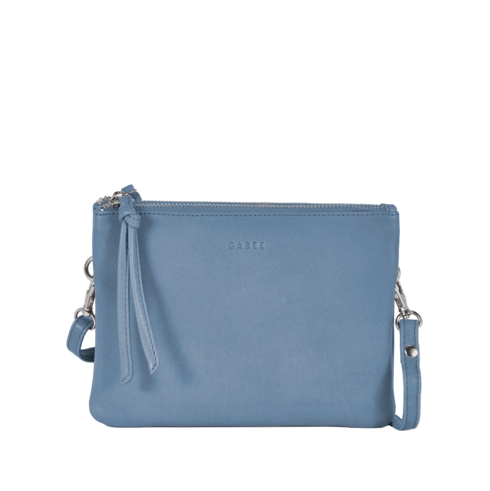 Blue handbag with a strap on a light gray background