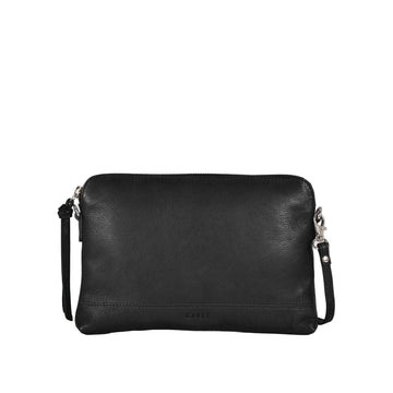 Black leather clutch bag on a light gray background