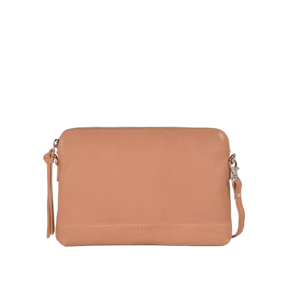 Tan crossbody bag on a light gray background