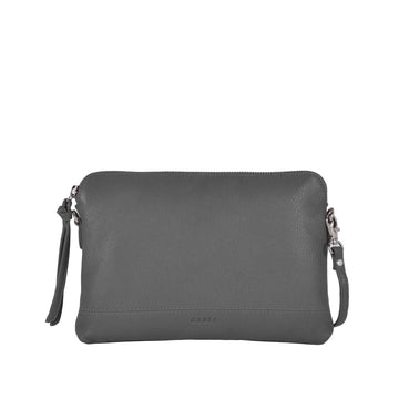 Gray leather clutch bag on a light gray background
