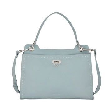 Light blue handbag with a strap on a light gray background