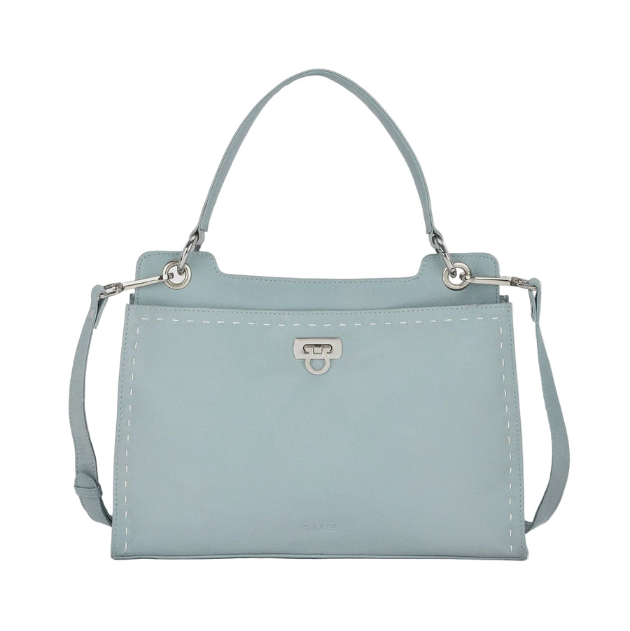Light blue handbag with a strap on a light gray background