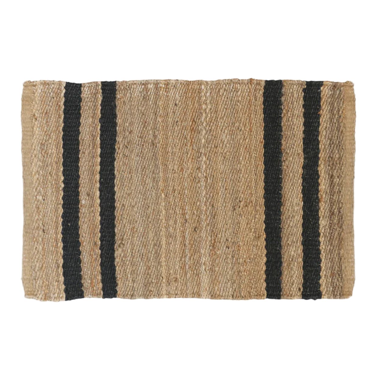 Doormat with natural jute texture and black stripes on a light gray background