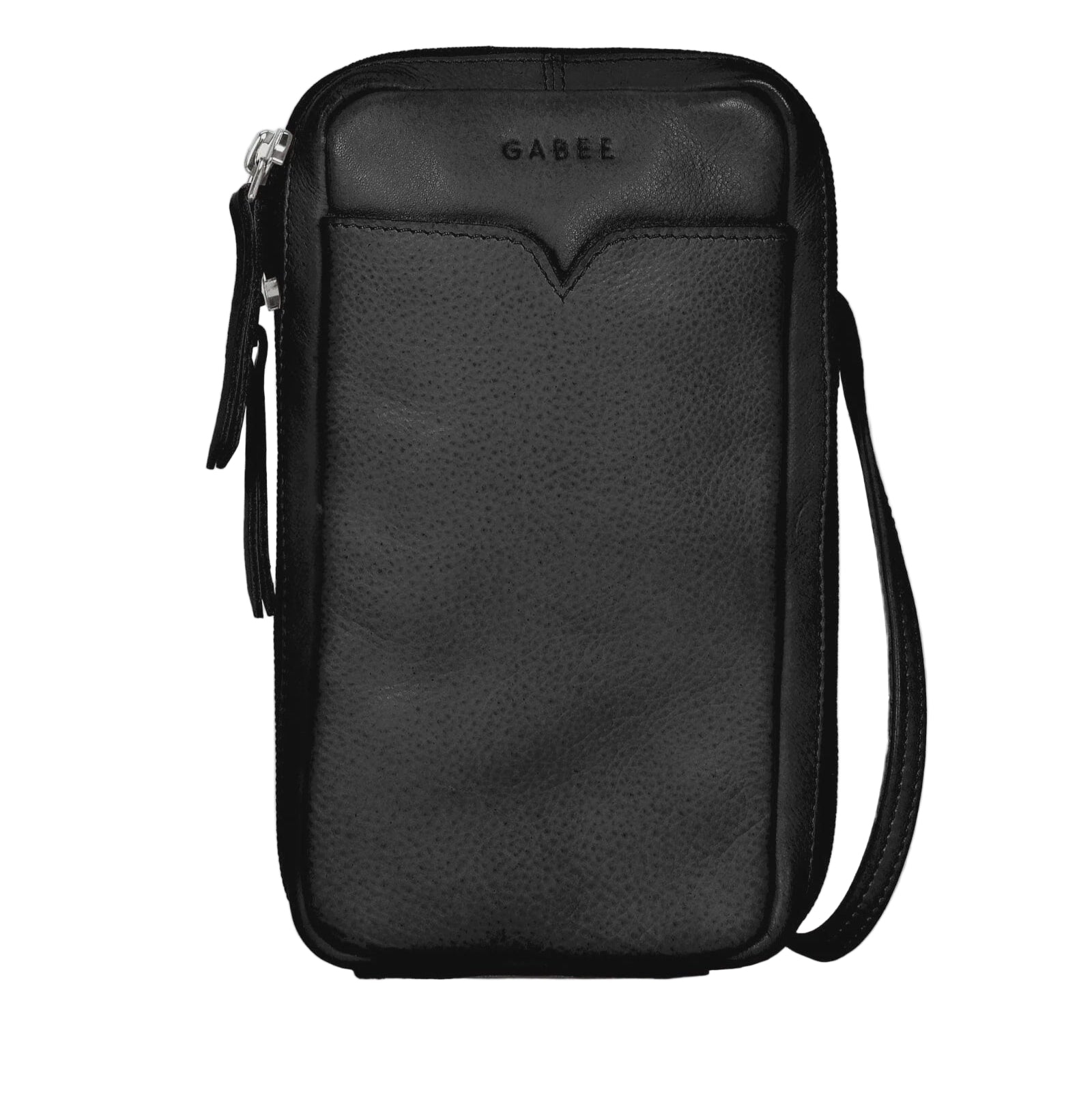 Black leather crossbody bag with 'GABEE' branding on a light gray background