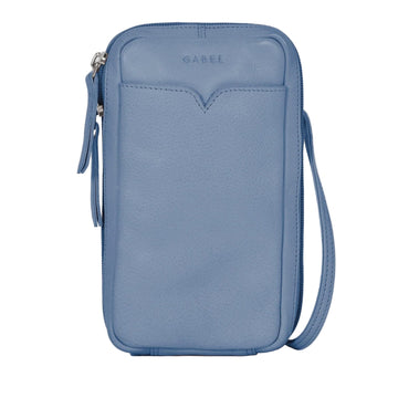 Blue leather crossbody bag with a visible brand logo on a light gray background