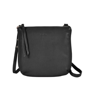 Black leather crossbody bag on a light gray background