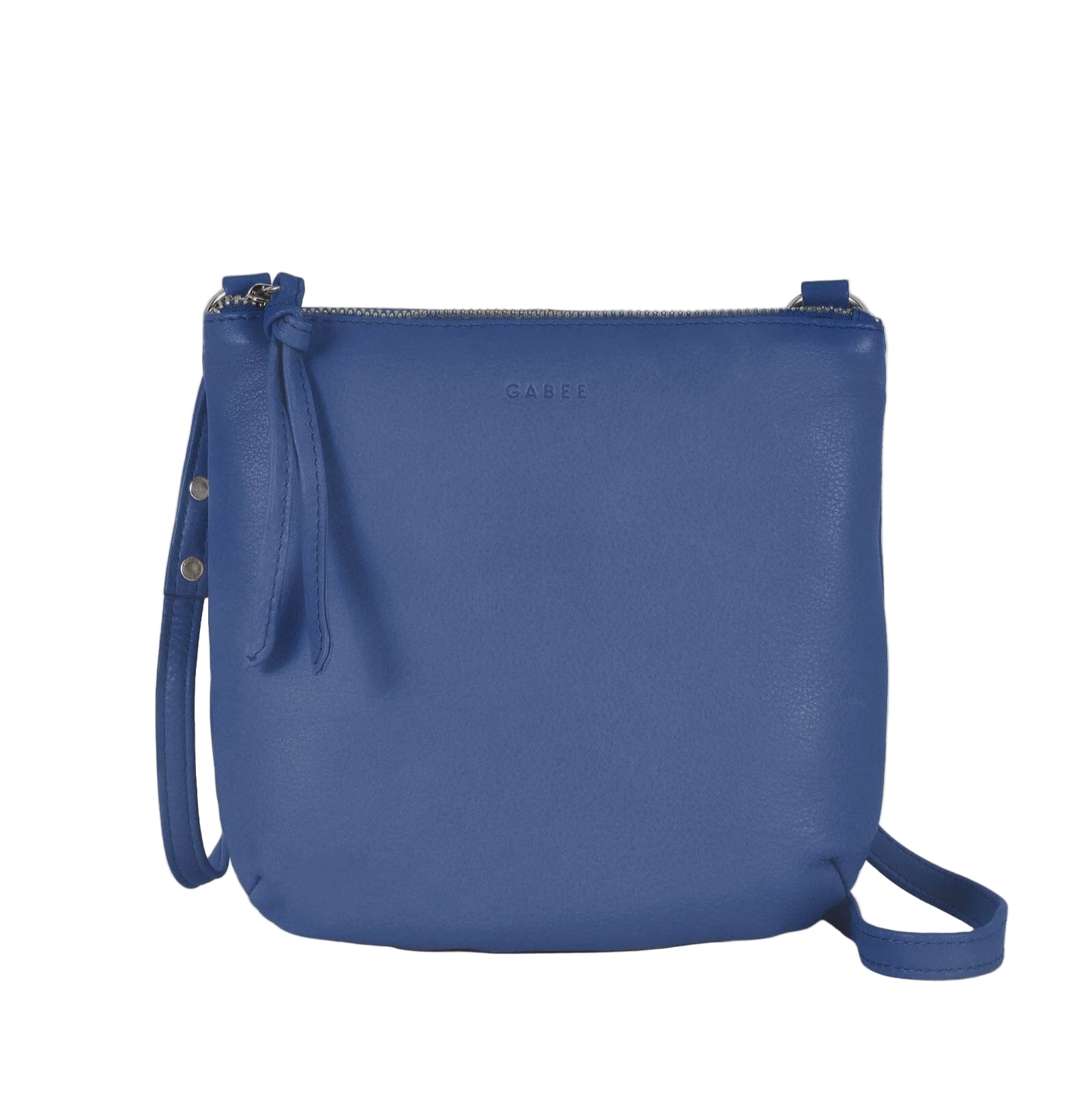 Blue crossbody bag on a light gray background