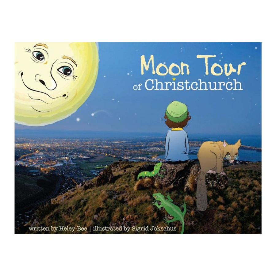 Book cover of 'Moon Tour of Christchurch' with a child and cat looking at the moon.