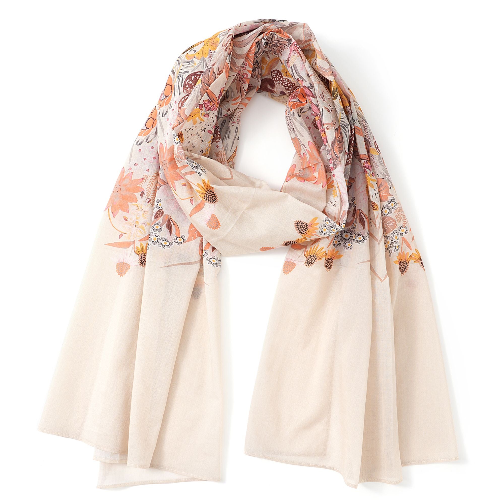 Beige scarf with floral pattern on a white background