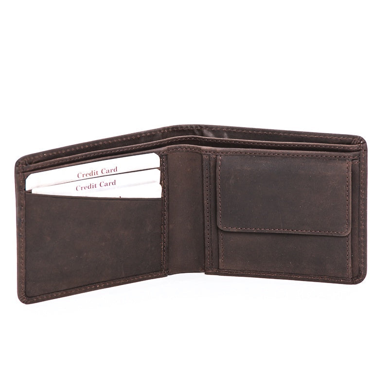 Brown leather wallet with card slots on a white background