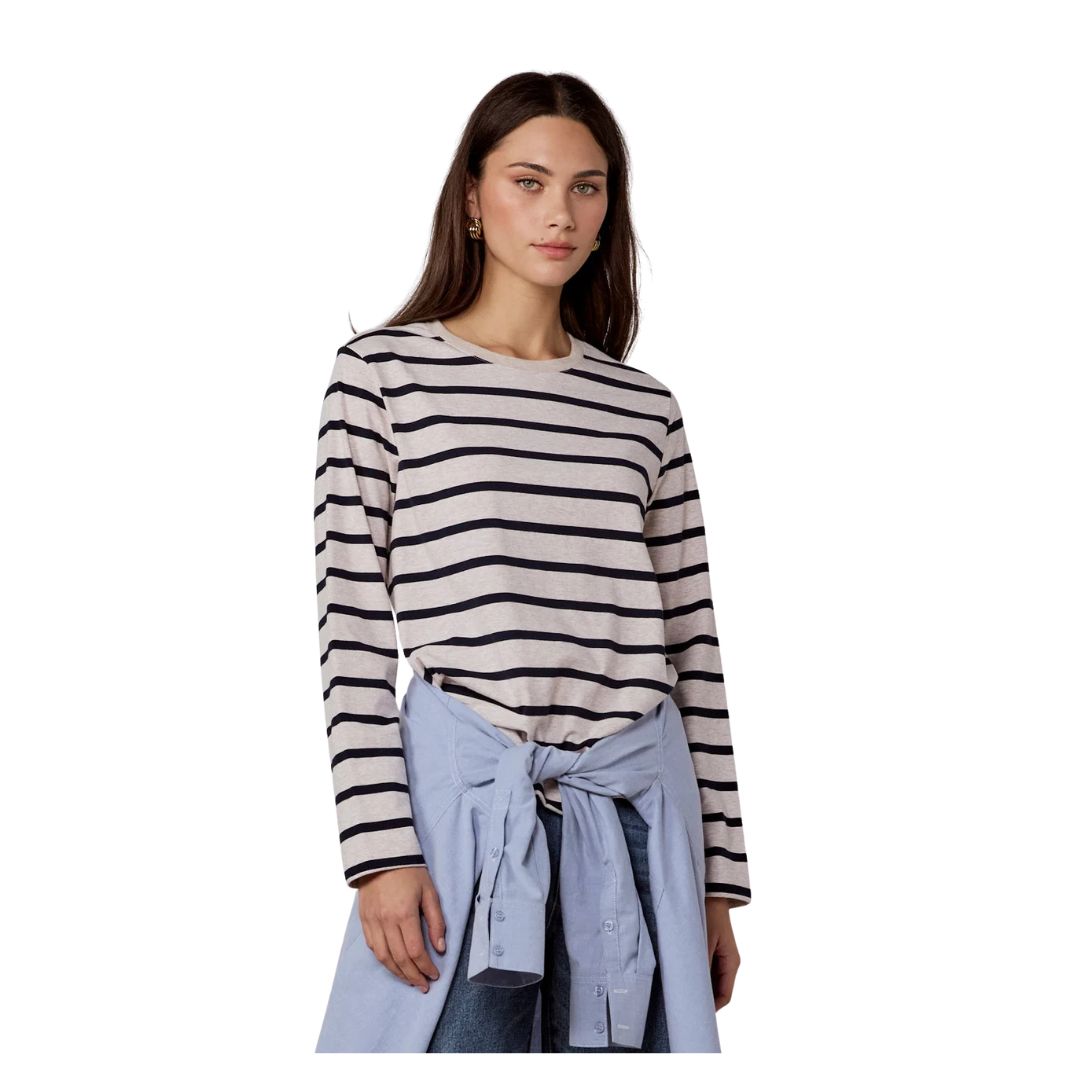 Tether Stripe Long Sleeve Boxy Tee - Ecru Navy