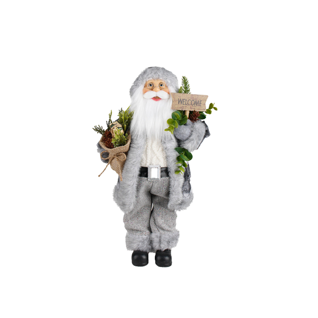 Christmas - Santa with Welcome Sign | Grey/White Plaid