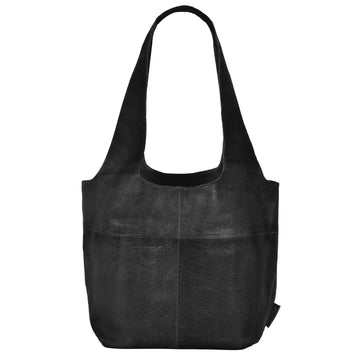 Black leather tote bag on a light gray background