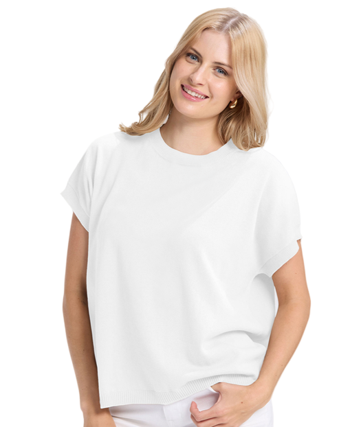 Woman wearing a white t-shirt and pants on a white background