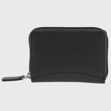 Black zippered wallet on a light gray background