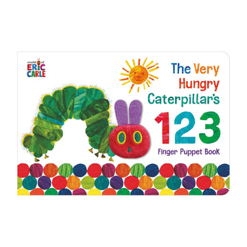 Book cover of 'The Very Hungry Caterpillar's 123 Finger Puppet Book' with colorful caterpillar and numbers.