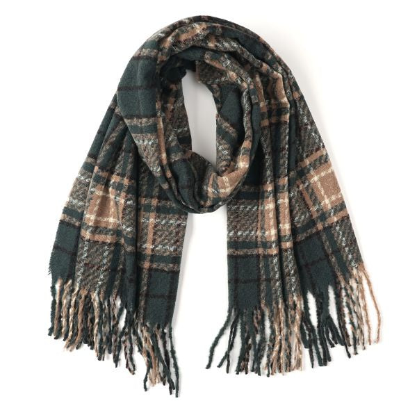 Plaid scarf with fringes on a white background