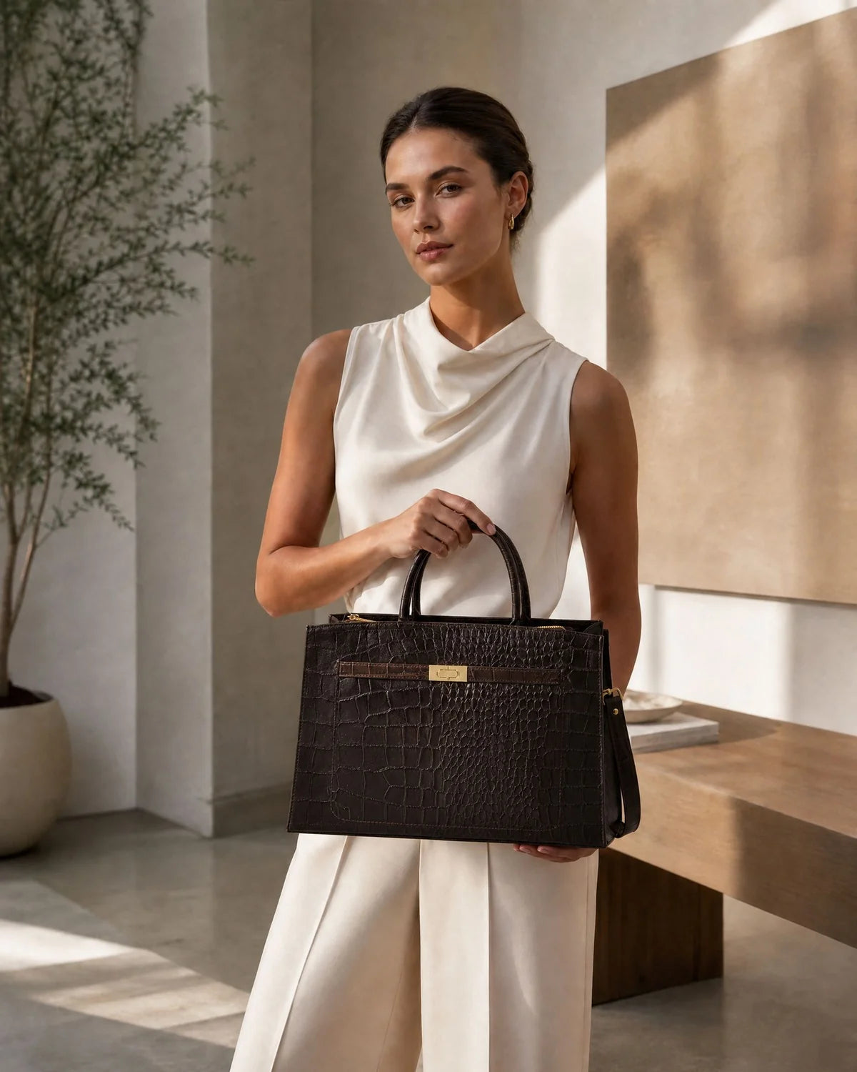 Toorak Croc Leather Tote - Chocolate