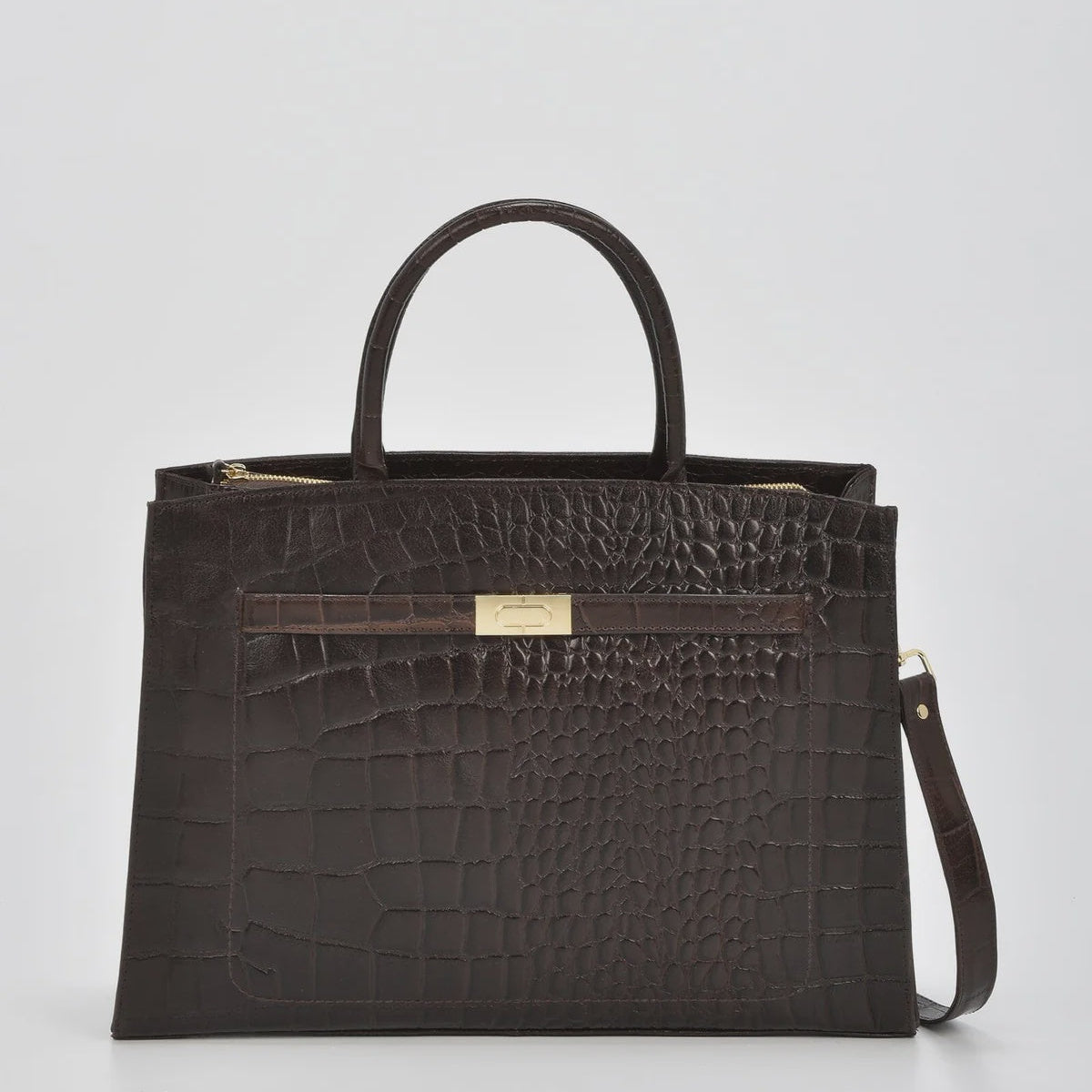 Toorak Croc Leather Tote - Chocolate