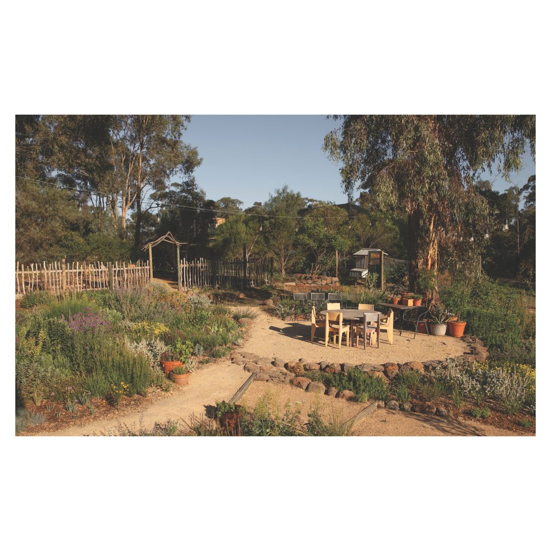 Garden with a wooden table and chairs surrounded by trees and plants