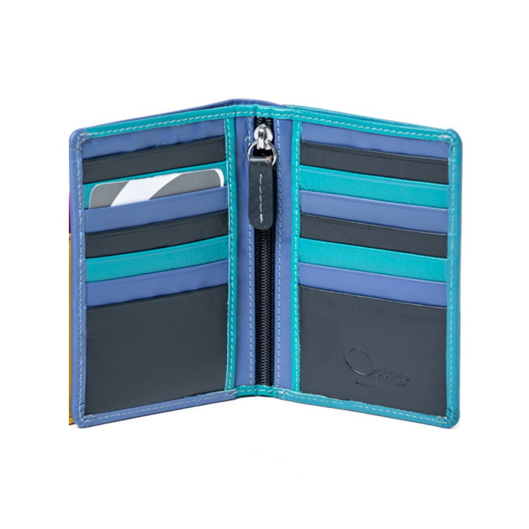 An open bi-fold wallet with multiple card slots, a central zipper pocket, and a turquoise blue leather trim, shown on a plain white background.