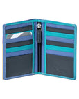 An open bi-fold wallet with multiple card slots, a central zipper pocket, and a turquoise blue leather trim, shown on a plain white background.