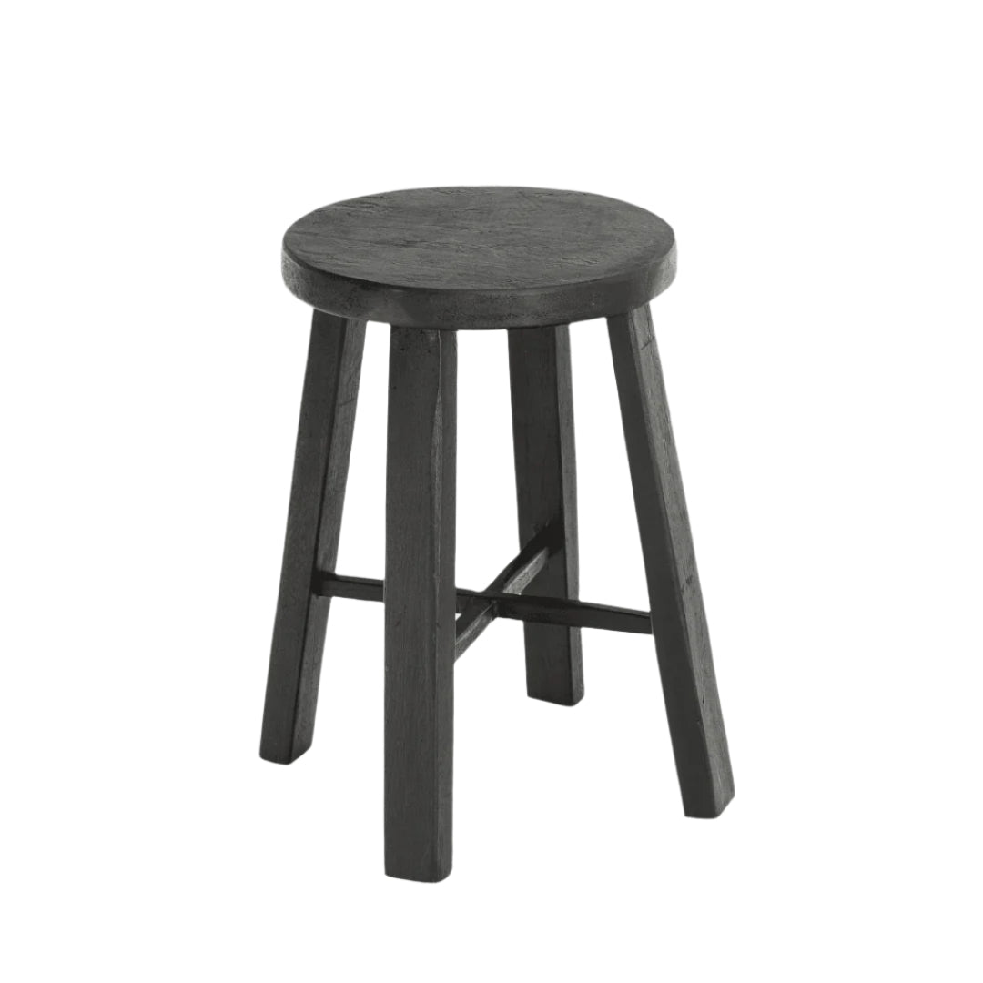 Teak Round Stool - Black 45cm