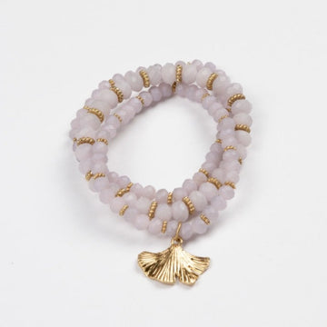 3 strand bracelet in mauve faceted beads with gold ginko charm by Stella + Gemma